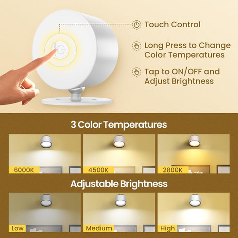 3CCT Dimmable, 360Rotation White-1 Pack LED Wall Mounted Lamps, Battery Operated Rechargeable Wall Lights,