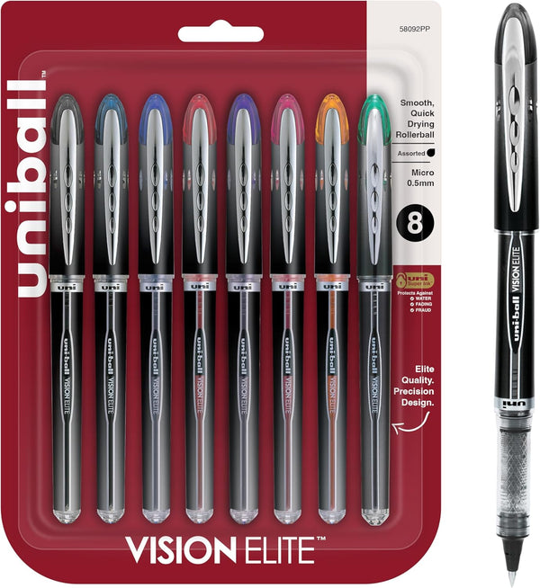 uniball Vision Elite Roller Ball Pen, Stick, Micro 0.5 mm, Black Barrel, Assorted Ink Colors