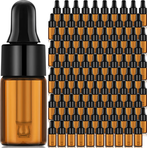 100 Pcs Amber Glass Mini Dropper Bottles - Essential Oil Dropping Bottles with Dropper and Black Caps for Traveling