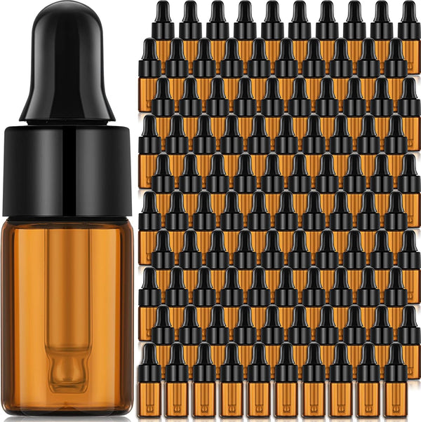 100 Pcs Amber Glass Mini Dropper Bottles - Essential Oil Dropping Bottles with Dropper and Black Caps for Traveling