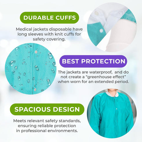 45 3 AMZ Medical Supply Disposable Lab Jackets, GSM SMS, Snap Front Coat with Knit Cuffs Collar & Pockets, Hip Length