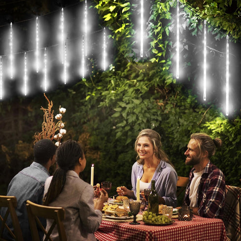 144LED 8 Meteor Shower Lights, White Holiday Outdoor Illumination with Tubes, Waterproof Hanging Display for Garden