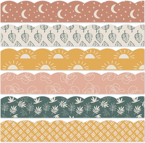 Whaline 82Ft Modern Boho Bulletin Board Borders, Sun Moon Leaves Trim Border for School Classroom Office Decor