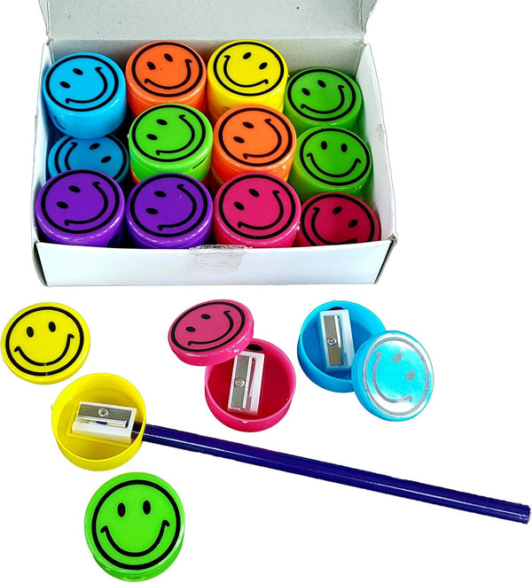 Pencil Sharpeners for Kids with Removable Neon Colored Lids, 48 Pack - Smile FACE