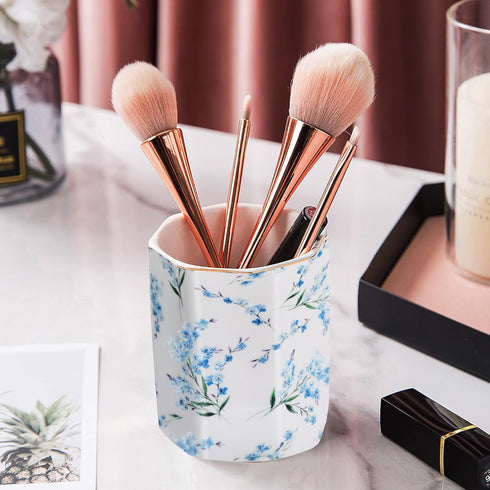 Pencil Holder for Desk Organizer, Ceramic Floral Pattern Storage for Writing Utensils, Makeup Brush Holder - Blue