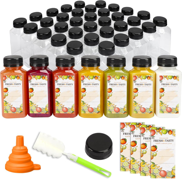 TOMNK 45pcs 8oz Plastic Juice Bottles with Black Caps Empty Reusable Clear