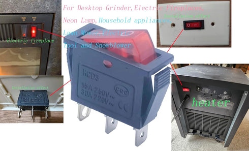 3 pin 2 Position Red Lighted Rocker Switch for Desktop Grinder,Electric Fireplaces,Neon Lamp,Household appliances,Lawn Mower,Electric Tool and Snowblower