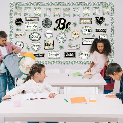 Back to School Eucalyptus Motivational Classroom Bulletin Board Decorations, Greenery Inspirational Quotes Cutouts