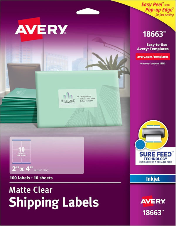 Avery Printable Shipping Labels, 2" x 4", Matte Clear, 100 Blank Mailing Labels (18663)