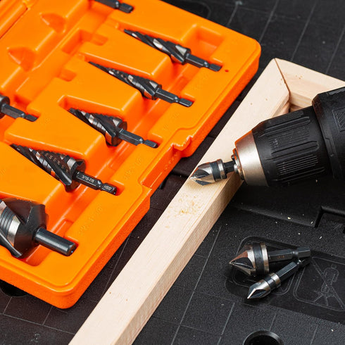THINKWORK 5 Pcs Step Drill Bit Set with 5 Pcs Countersink Drill Bits & Tool Box, Nitriding HSS for Metal, Aluminum,