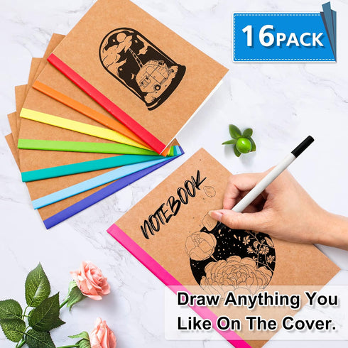 Feela 16 Pack Composition Notebooks, Kraft Cover, 60 Pages, 8.3” x 5.5”, College Ruled Travel Journals with Rainbow