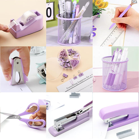Purple Office Supplies Set - Desk Accessories including Stapler, Tape Holder, Pen Holder, Scissors, and 1000 Staples