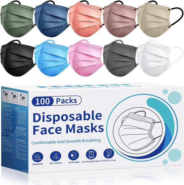 Disposable Face Mask For Adults - Travel Essentials, 100 Pack Individually Wrapped,