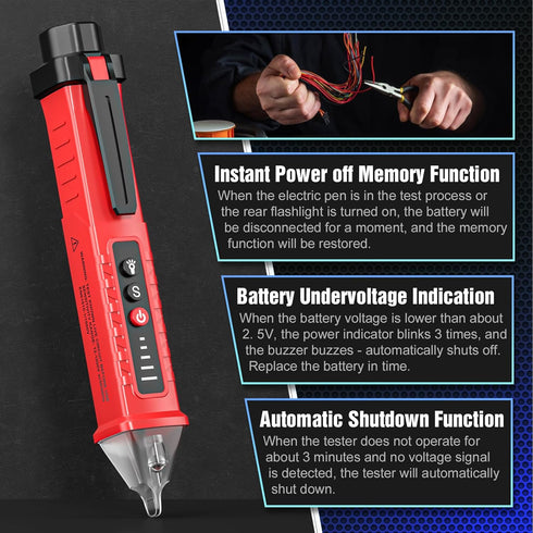 Voltage Tester HS-3201 Red,Non Contact Voltage Tester AC, Multi-Function Electricity Detector Pen 90V-1000V with LED Flashlight Buzzer Alarm Wire Breakpoint Finde