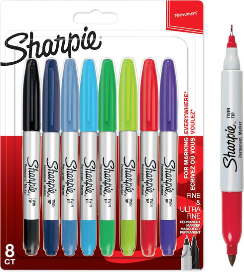 Sharpie 33861PP Twin-Tip Permanent Marker, Fine/Ultra-Fine Bullet Tips, Assorted, 8/Set