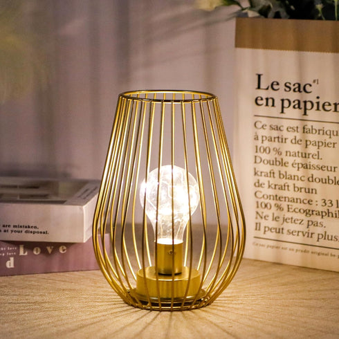 8'' Bulb TRIROCKS Metal Battery Operated Lamp Tall Cage Shape Cordless Table Lantern with Warm Fairy Lights