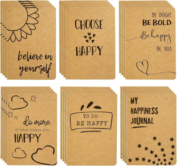 Paper Junkie 24 Pack Journals for Kids, Let's Be Happy Journals Bulk, Kraft Paper Notebooks, 80 Lined Pages