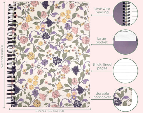 Steel Mill & Co Cute Floral Mini Spiral Notebook, 8.25" x 6.25" Journal with Durable Hardcover, 160 Lined Pages, Purple