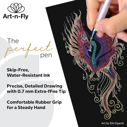 Gold & Silver Gel Pen for Artist 0.7mm Fine Point - Gold Ink Pen with Japanese Ink 6 PACK - Silver/Gold Metallic Pens for Art Drawing, Sketching & Writing - Archival Gel Ink - Opaque on Black Paper by Art-n-Fly