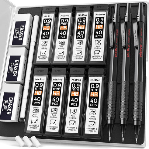 Nicpro 0.9 Metal Mechanical Pencil Set with Case, 3PCS Black Drafting Pencil, 8 Tubes HB Lead Refills, 3PCS Erasers