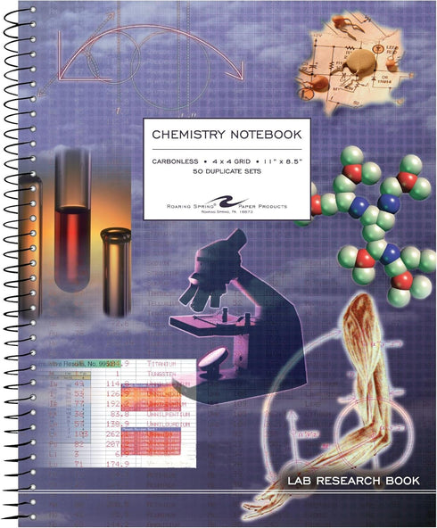 Roaring Spring Carbonless Wirebound Chemistry Notebook, 11" x 8.5", 4x4 Grid Ruled, 50 Sets, White/Blue Pages