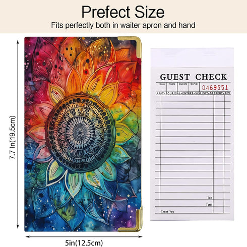 Floral Server Books for Waitress - Sun Flower Leather Waiter Book Server Wallet with Zipper Pocket, Cute Waitress