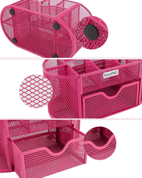 EasyPAG Desk Organizer, Mesh Desktop Office Supplies Caddy with Drawer, Pink
