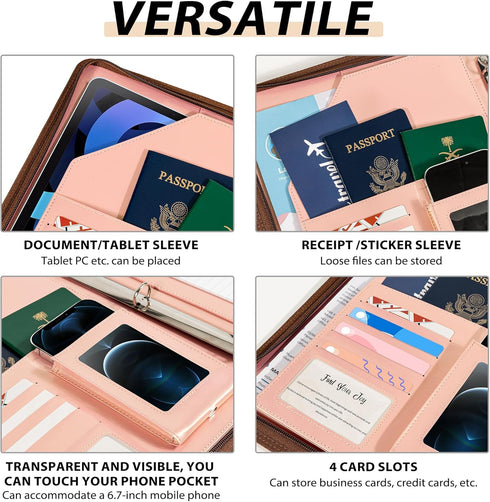 Ospelelf Leather Portfolio Folder - 3 Ring Binder with Storage Clipboard, Fits Letter Size Paper, Faux Rose Gold