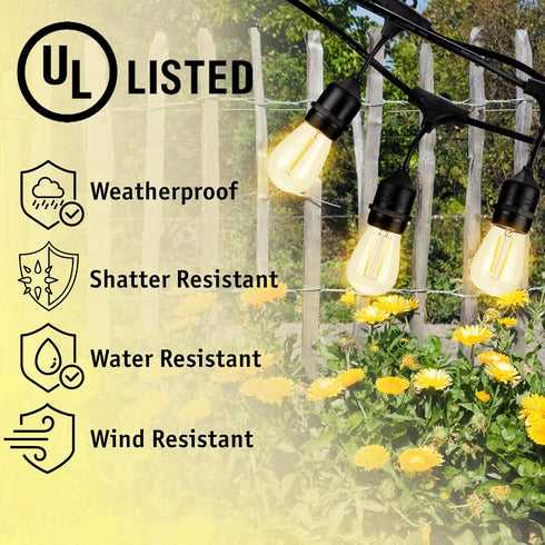 Commercial 48Ft 2Ft 24 Dimmable Bulbs, HLO Lighting Outdoor Weatherproof LED Backyard Bistro Cafe Patio Light String