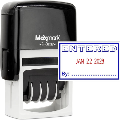 MaxMark Office Self Inking Date Stamp with Phrase Entered, 2 Color Blue/Red Ink