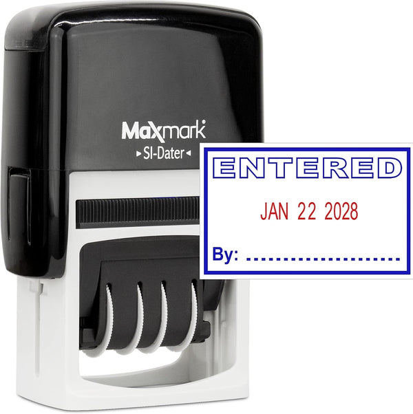 MaxMark Office Self Inking Date Stamp with Phrase Entered, 2 Color Blue/Red Ink