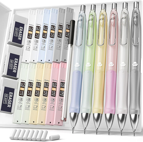 Nicpro 6PCS Pastel Mechanical Pencil Set - 0.7 mm Cute Pencils with Comfort Grip, Lead Refill & Erasers