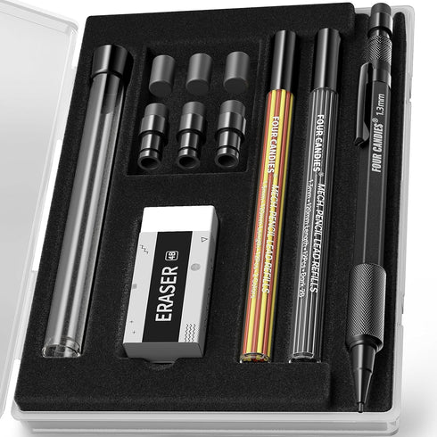 Four Candies 1.3mm Mechanical Pencil Set with Case, Heavy Duty Outdoor Carpenter Pencil with 24 Refills