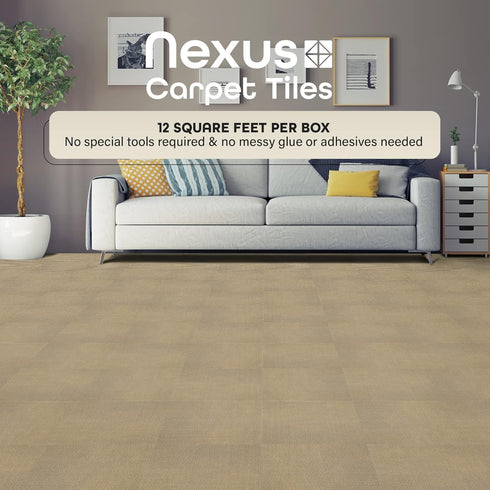 Nexus Self Adhesive 12-Inch Carpet Floor Tiles, 12 Tiles - 12" x 12", Tan Peel & Stick DIY Flooring for Home