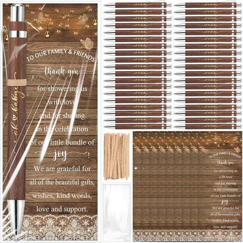 Spakon 72 Sets Rustic Baby Shower Pens Favors with 72 Bamboo Ballpoint Pens & Thank You Bookmarks for Guests