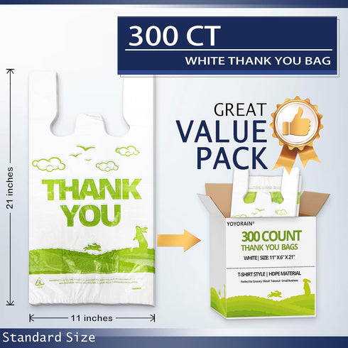11''x6''x21'' 300PCS YoYoRain White Thank you T shirt bag, Grocery shopping bag Reusable and Disposable Supermarket Bag