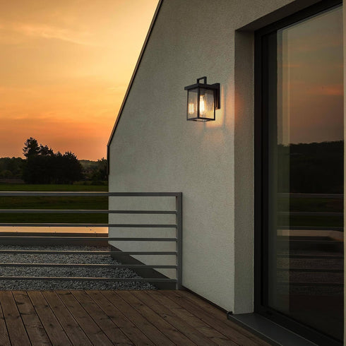 Black Outdoor Wall Lights, Farmhouse Exterior Wall Sconces Light Fixture with Seeded Glass, Modern Square Waterproof