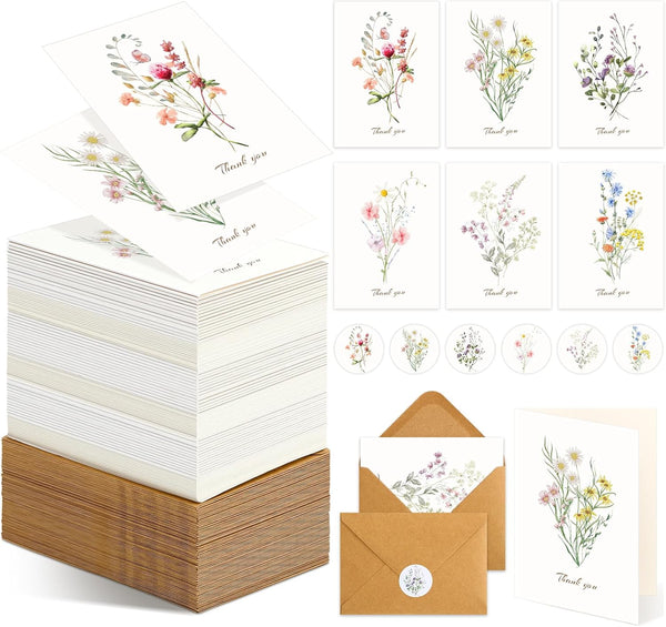AmazingSpark 90 Pack Wildflower Thank You Cards with Envelopes and Stickers Bulk 3.5
