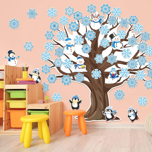 Whaline 104Pcs Winter Tree Bulletin Board Decoration, Snowflake Tree Snowman Penguin Cutouts for Holiday Party School