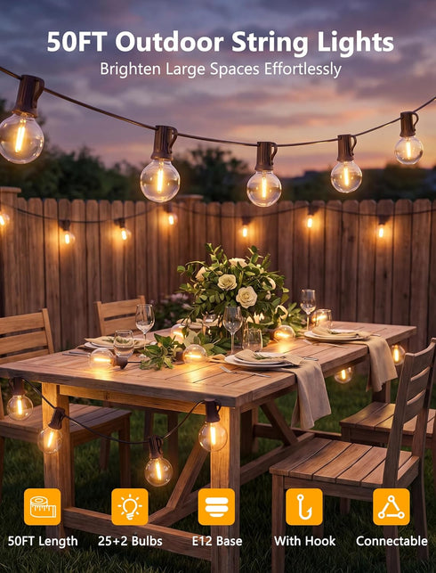 50FT G40 Bulbs, 2700K (25 Bulbs 2 Outdoor String Lights - Shatterproof LED Waterproof Connectable Patio String Lights