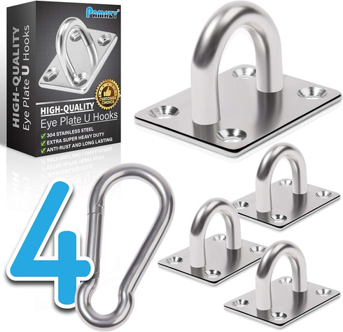 4 PCS M6 Premium Heavy Duty Square Stainless Steel Pad Eye Hooks with Snap Hooks and Screws