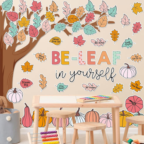 JarThenaAMCS 71Pcs Fall Tree Bulletin Board Decorations, Motivational Boho Cutouts for Classroom