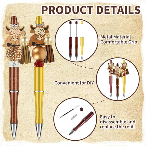 Beadable Highland Cow Pens Bulk - 12 Sets of Multicolor Gel Ink Pens for Kids & Students, Black Ink