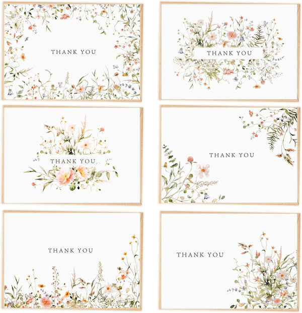 SPIRITDUST 52-pack Floral Thank You Cards Bulk with Kraft Envelopes & Matching Stickers,