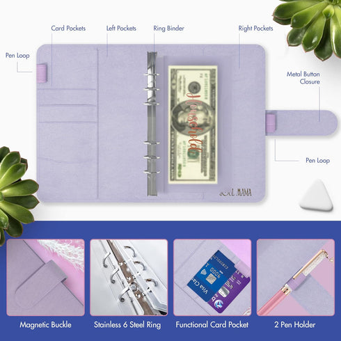 SOUL MAMA Budget Binder with Cash Envelopes - Purple Money Organizer for Cash, A6 Binder for Budgeting