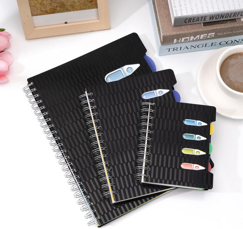CAGIE 5 Subject Notebook with Dividers, 240 Pages A5 Notebooks 5x7 College Ruled for School, Hardcover Spiral Notebooks with Tabs for Work Office Note Taking, Small Notebook for Men Women, Black