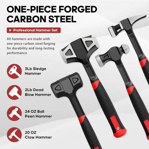 4-Piece Hammer Set 2LB 24oz 20oz 3LB Sledgehammer YIYITOOLS - Dead Blow, Ball Peen, Claw, - One-Piece Carbon Steel