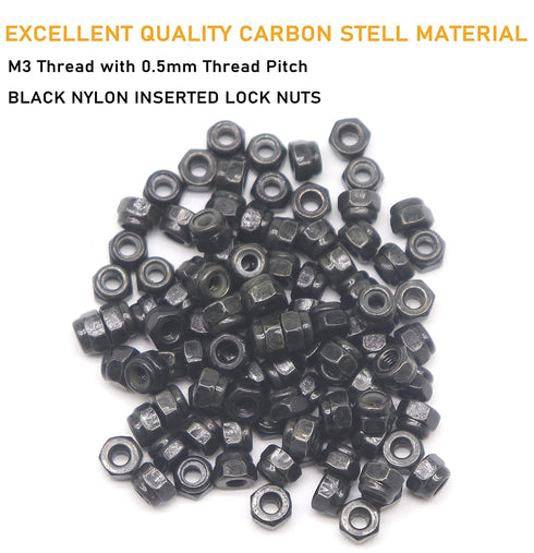 binifiMux 50Pcs M3-0.5mm Black Zinc Plated Nylon Lock Nuts for RC Modeling