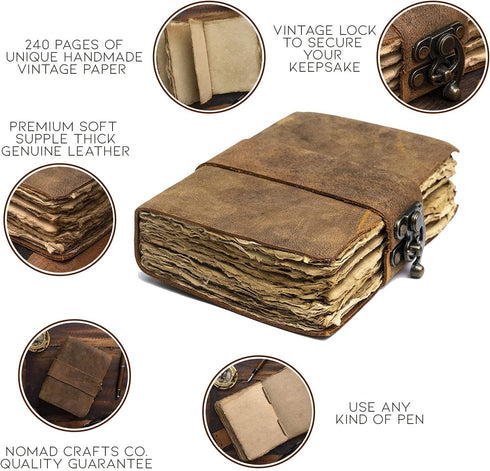 NomadCraftsCo. Vintage Leather Journal - Lock Closure Book of Shadows Journal, 240 Pages Antique Deckle Edge Paper