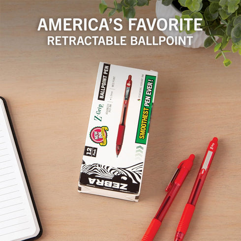 Zebra Pen Z-Grip Retractable Ballpoint Pen, Medium Point, 1.0mm, Red Ink, 12-Count